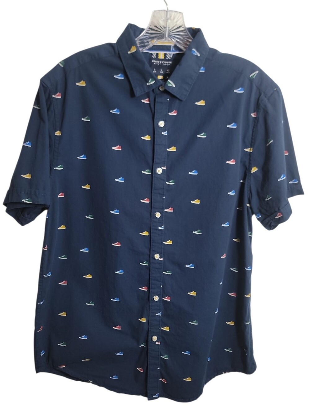 Denim & Flowers men’s slim fit  blue sneakers print button down shirt size L